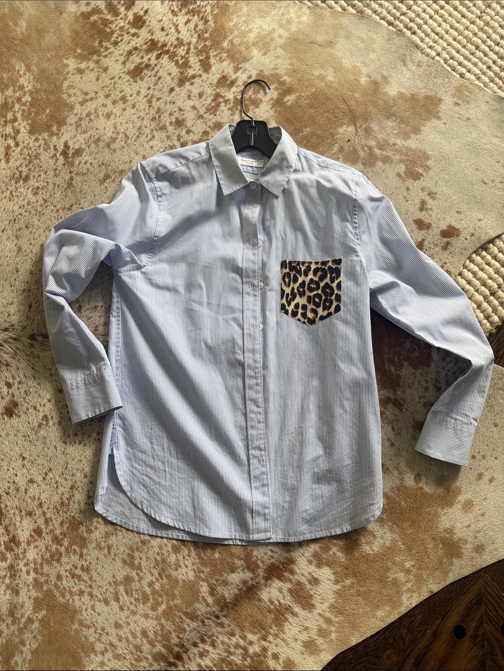 Light Blue Button Oxford Stripe Button Up Shirt with Leopard Pocket